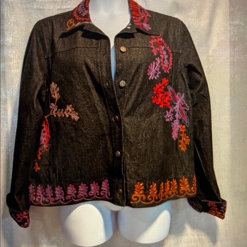 Coldwater Creek XL Black Denim Multi Sequin Floral Embroidered Jacket NWT Boho